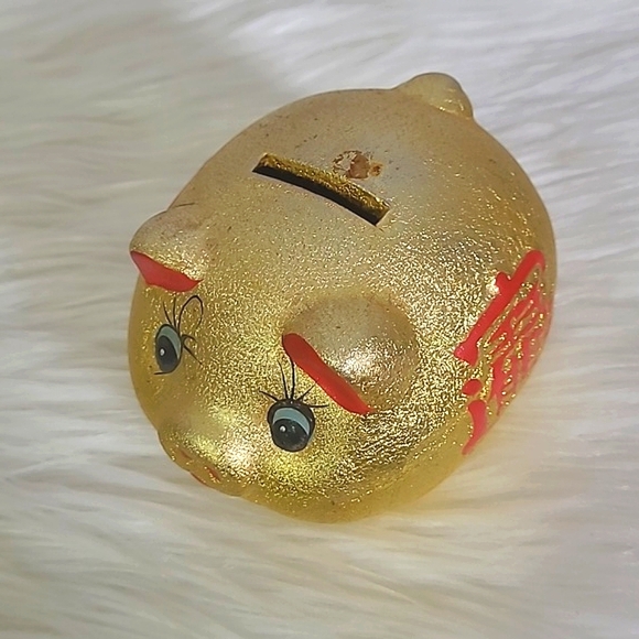 Vintage Chinese Piggy Bank Coin Bank Ceramic Gold Lucky Porcelain Fortune Pig - Picture 2 of 10